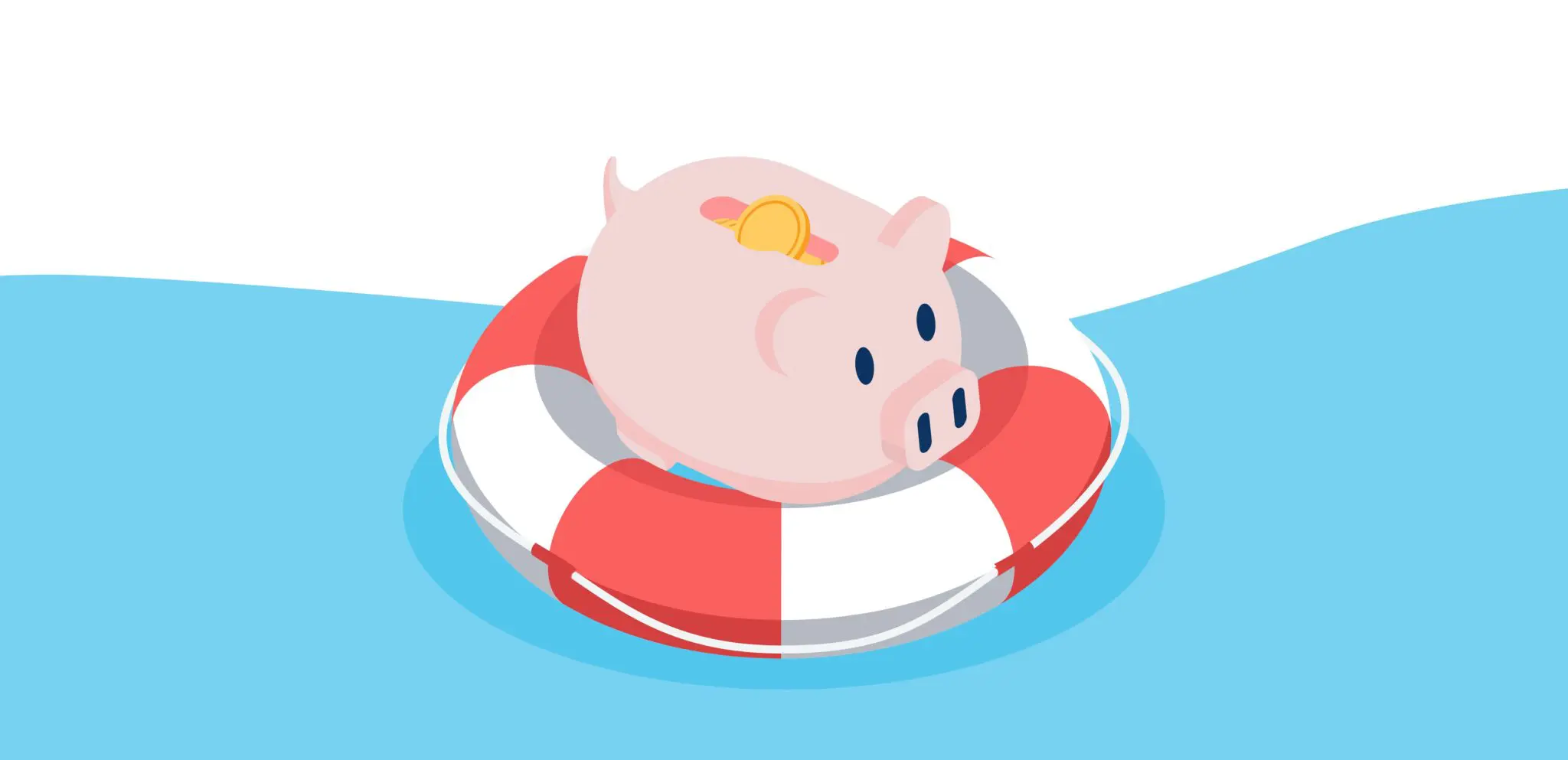 Cartoon illustration of a piggy bank on a flotation device