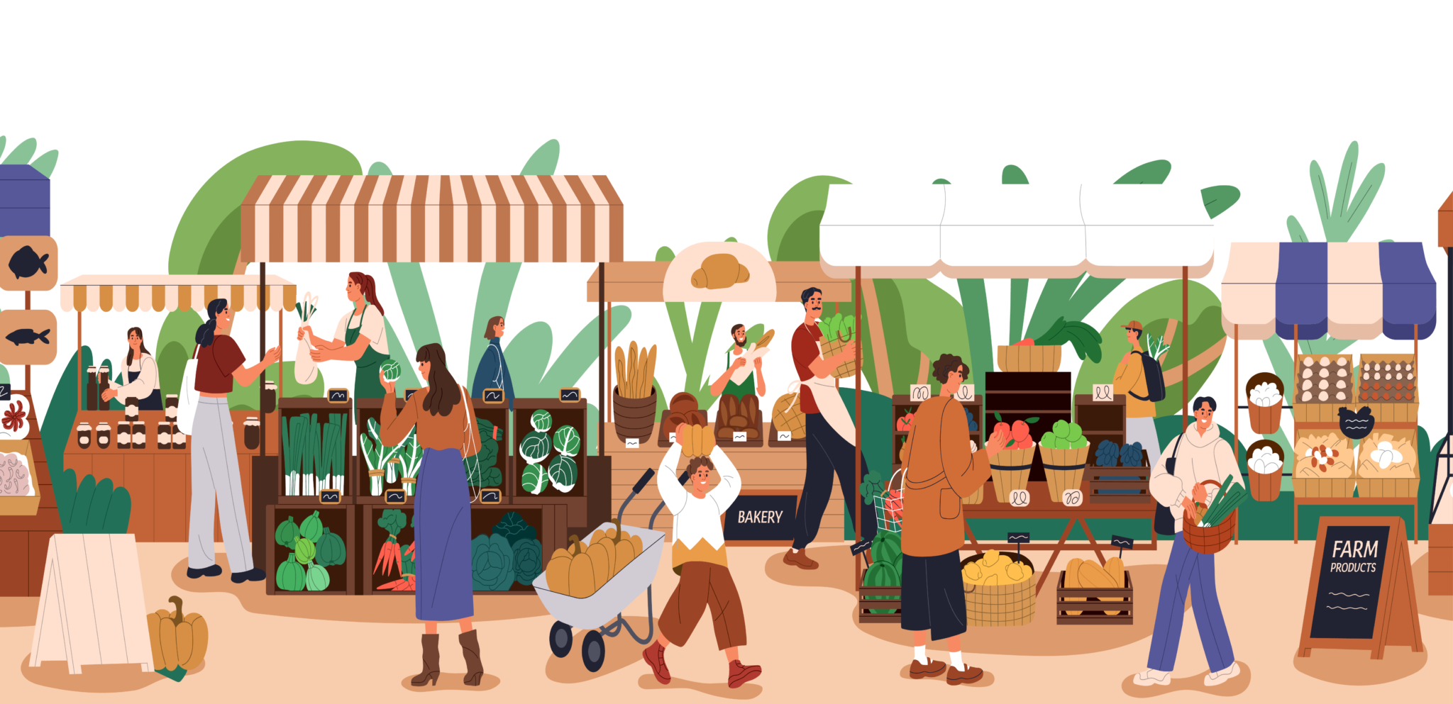 Illustration of a busy farmer's market.