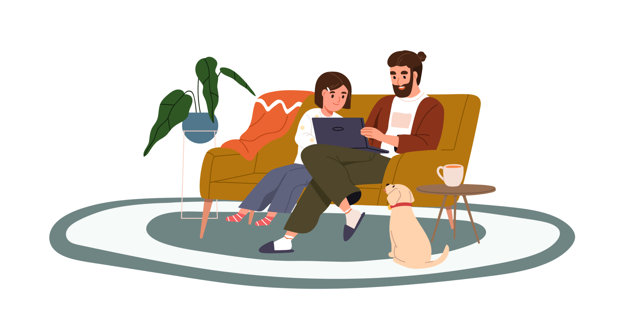 Cartoon of a father and child sitting on a couch looking at a laptop together.