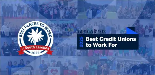 Collage of photos of Spero Financial employees with a blue overlay. Two logos are on top of the graphic: Best Places To Work In South Carolina 2025 and American Banker Best Credit Unions To Work For