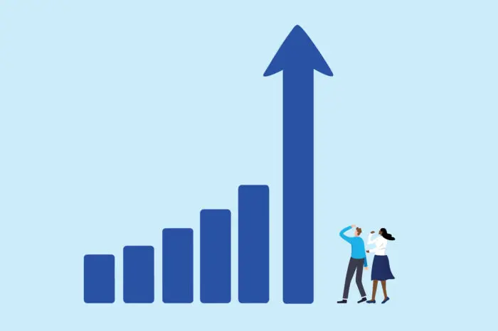 Cartoon illustration of a man and woman looking at a large investment chart.