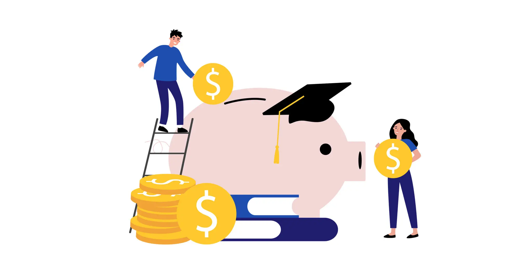 Cartoon illustration of a male and female college student with a large piggy bank.