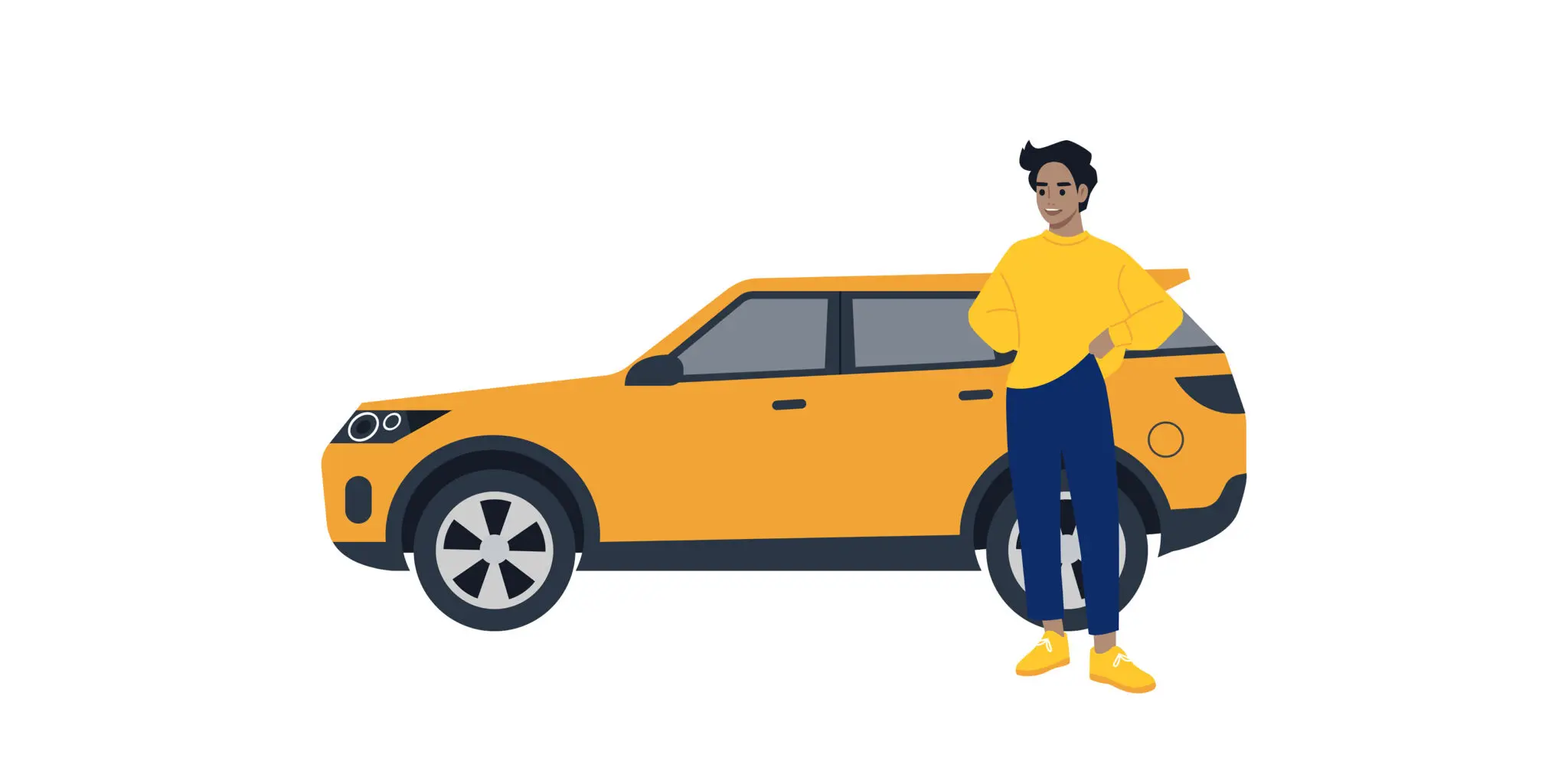 Illustration of a young man standing in front of a car.
