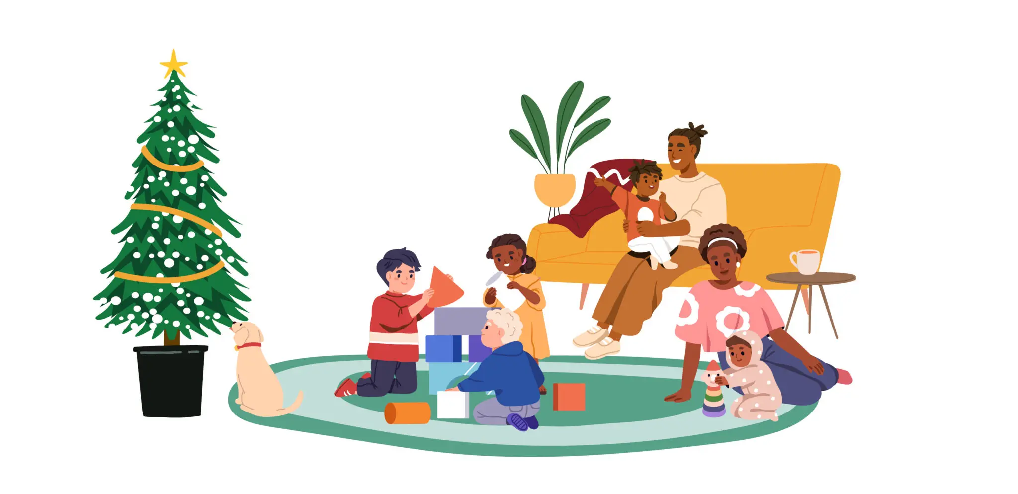 A family sitting together by a Christmas tree. The children are playing with toys.