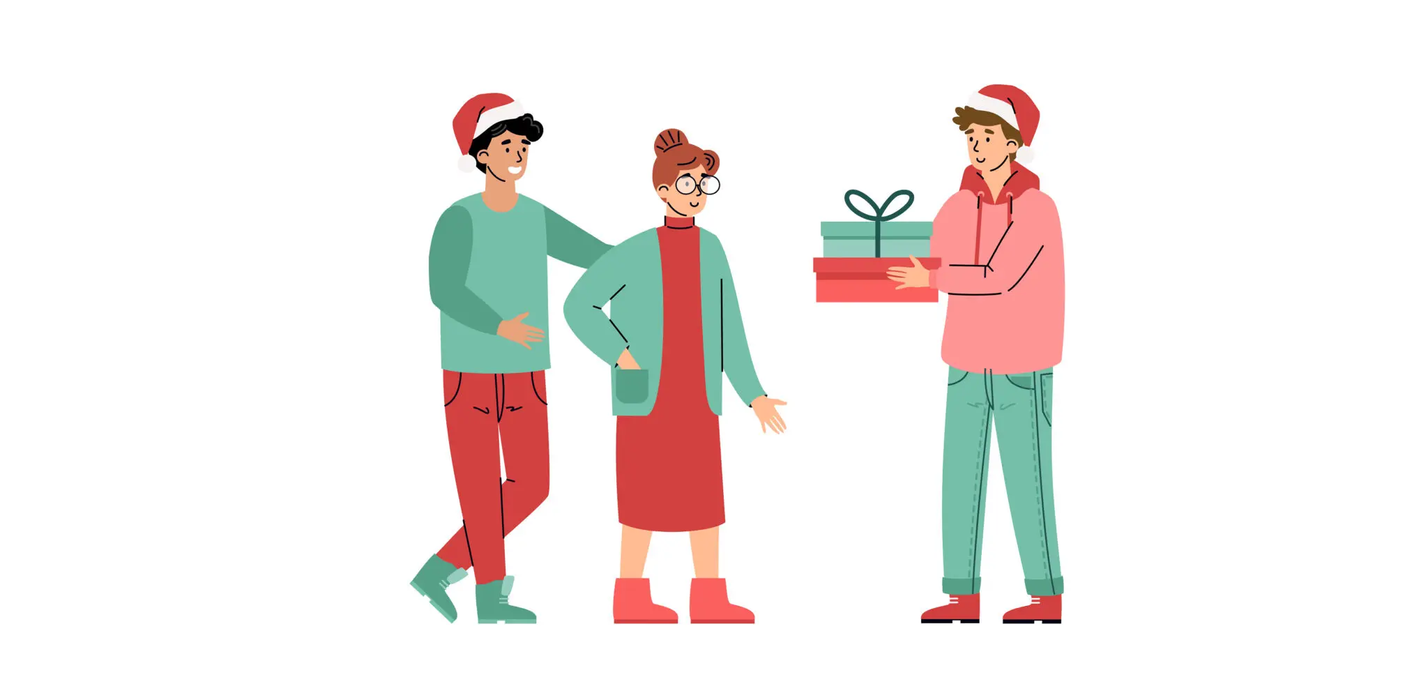 Two men wearing Santa hats giving gifts to a woman.