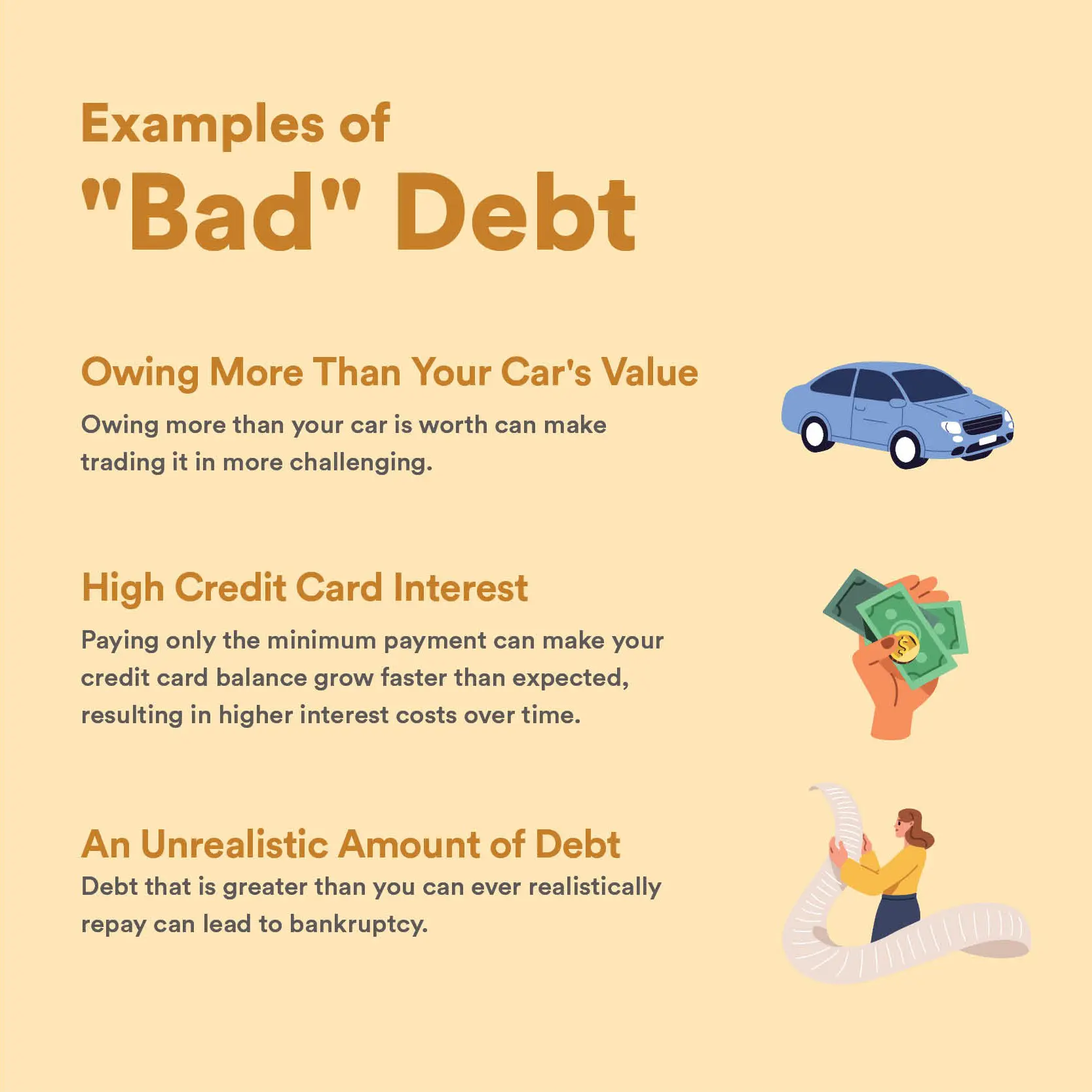 Examples of "Bad Debt" Owing More Than Your Car's Value Owing more than your car is worth can make trading it in more challenging. High Credit Card Interest Paying only the minimum payment can make your credit card balance grow faster than expected, resulting in higher interest costs over time. An Unrealistic Amount of Debt Debt that is greater than you can ever realistically repay can lead to bankruptcy.