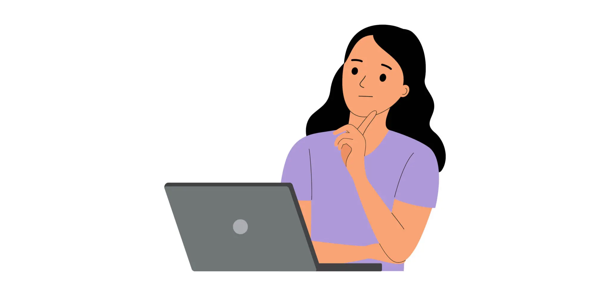 Cartoon illustration of a girl using a laptop and thinking.