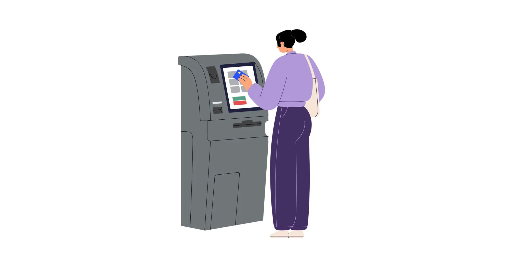 Cartoon illustration of a woman using an ATM.