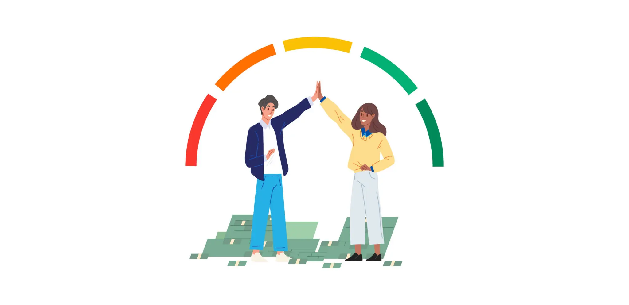 Illustration of a man and woman high-fiving underneath a semicircular credit score scale.