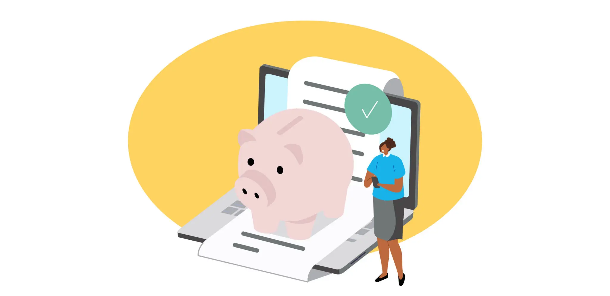 Illustration of a piggy bank sitting on a laptop. A woman stands nearby looking at her phone.