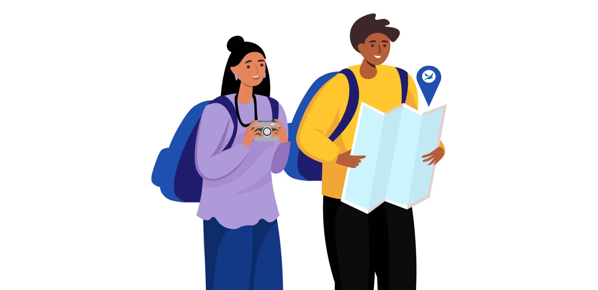 Cartoon illustration of a man and woman travelling. The woman is holding a camera and the man is looking at a map. The map has a location indicator above it with Spero's logo in the center.