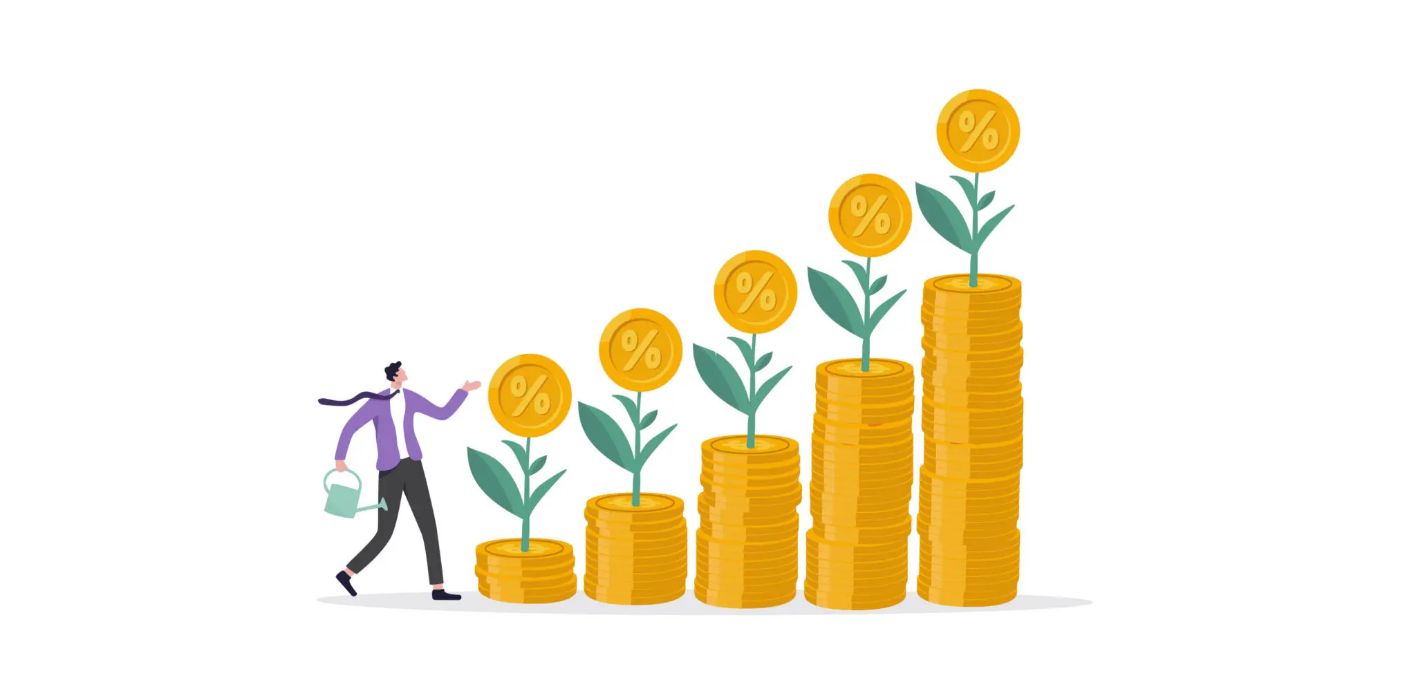 Illustration of a man with a watering can tending to increasingly tall stacks of coins with flowers on top of them. The flowers have normal stems but the flowers themselves are made of coins.