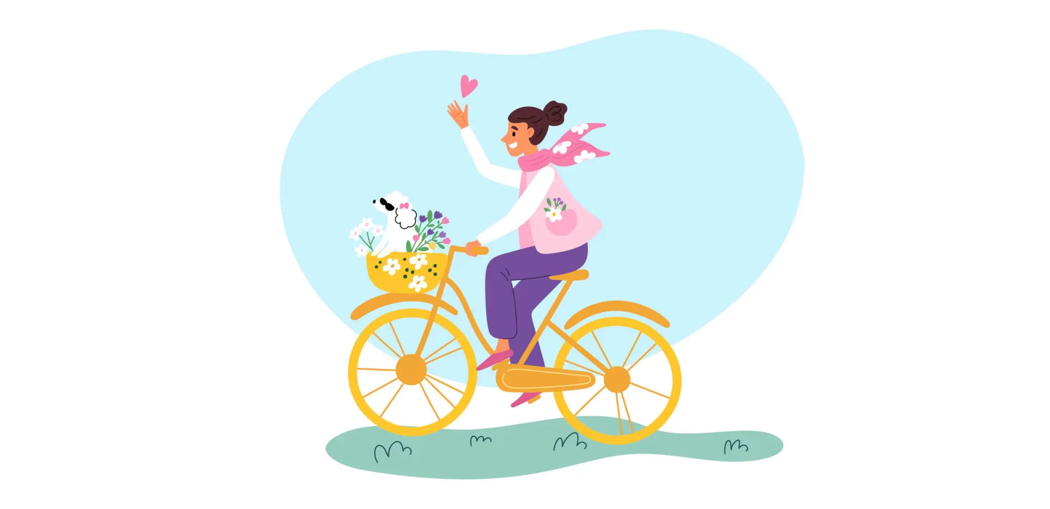 Illustration of a girl riding a bike. She has a small white dog in the bike's basket along with several flowers.