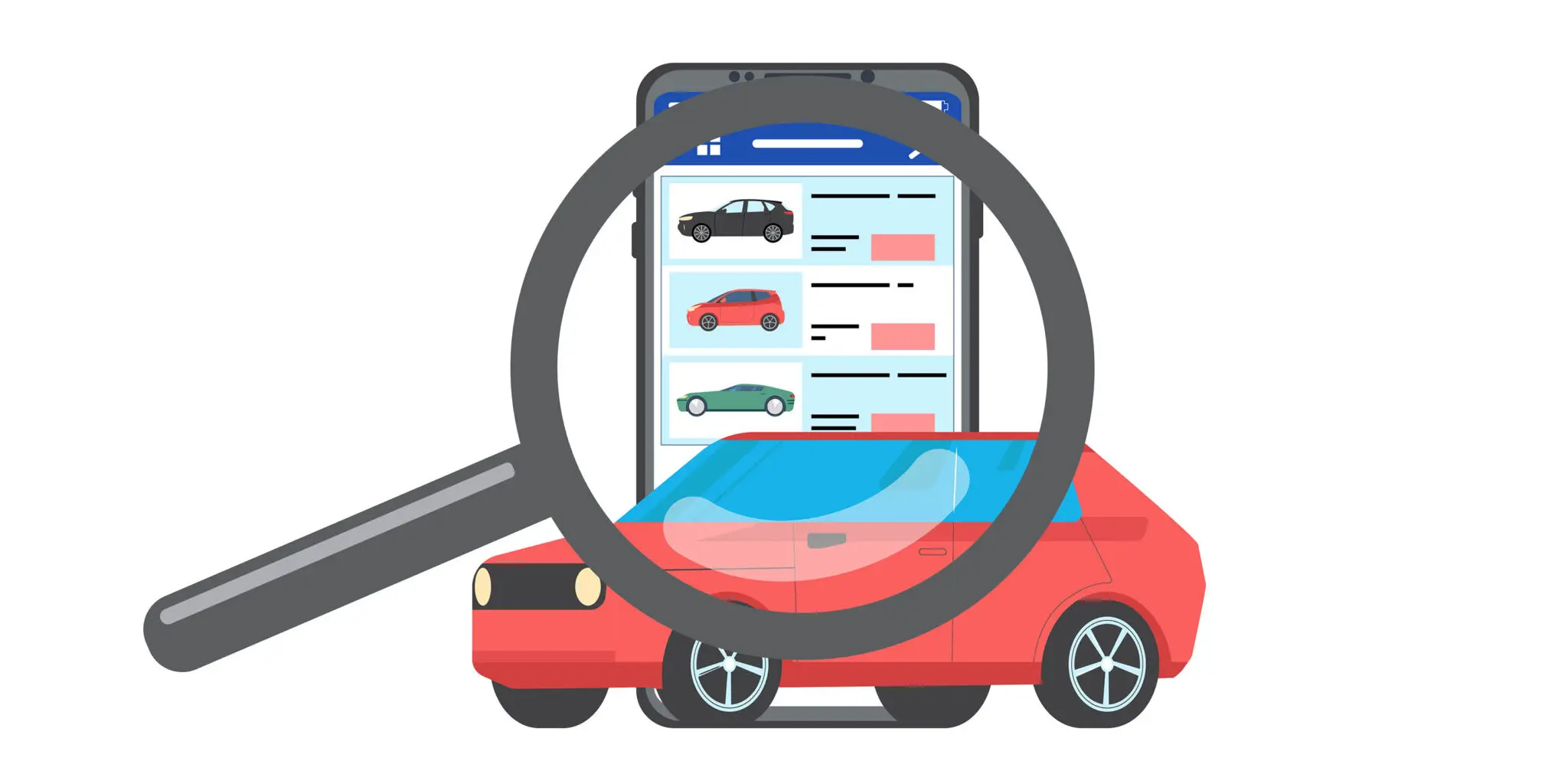 Cartoon illustration of a magnifying glass inspecting a car and a phone with images of other cars on its screen.