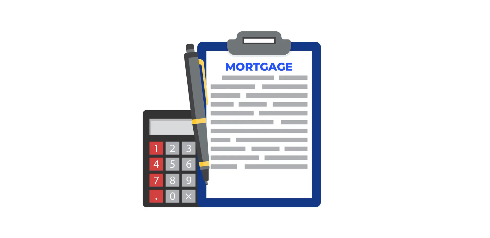Image of a clipboard with the word "mortgage" on it with a pen and calculator