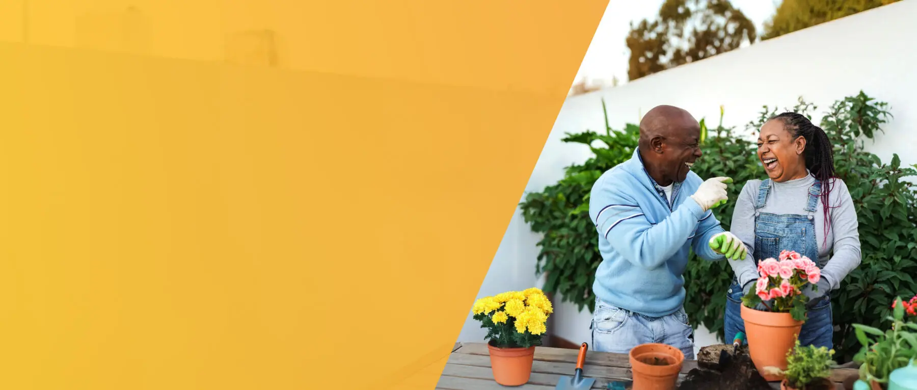 Senior couple planting flowers in a pot together.
