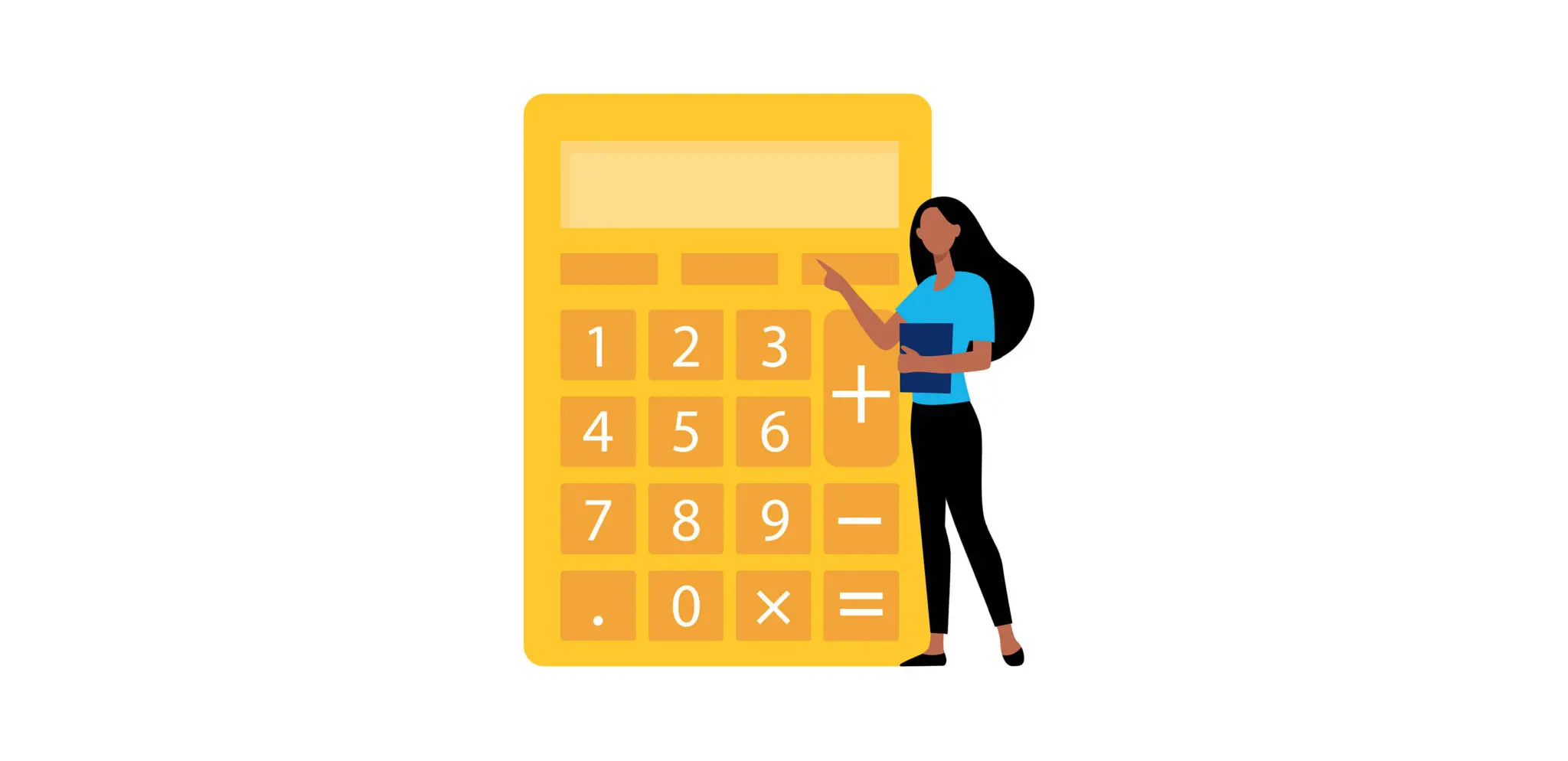 Cartoon illustration of a woman standing beside a large calculator