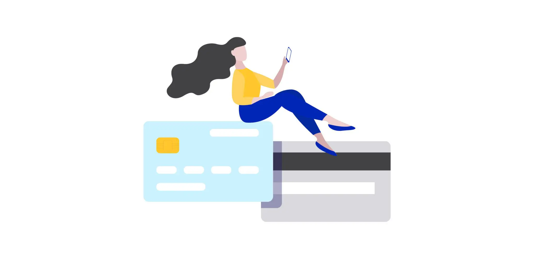 Cartoon woman sitting on floating credit cards.
