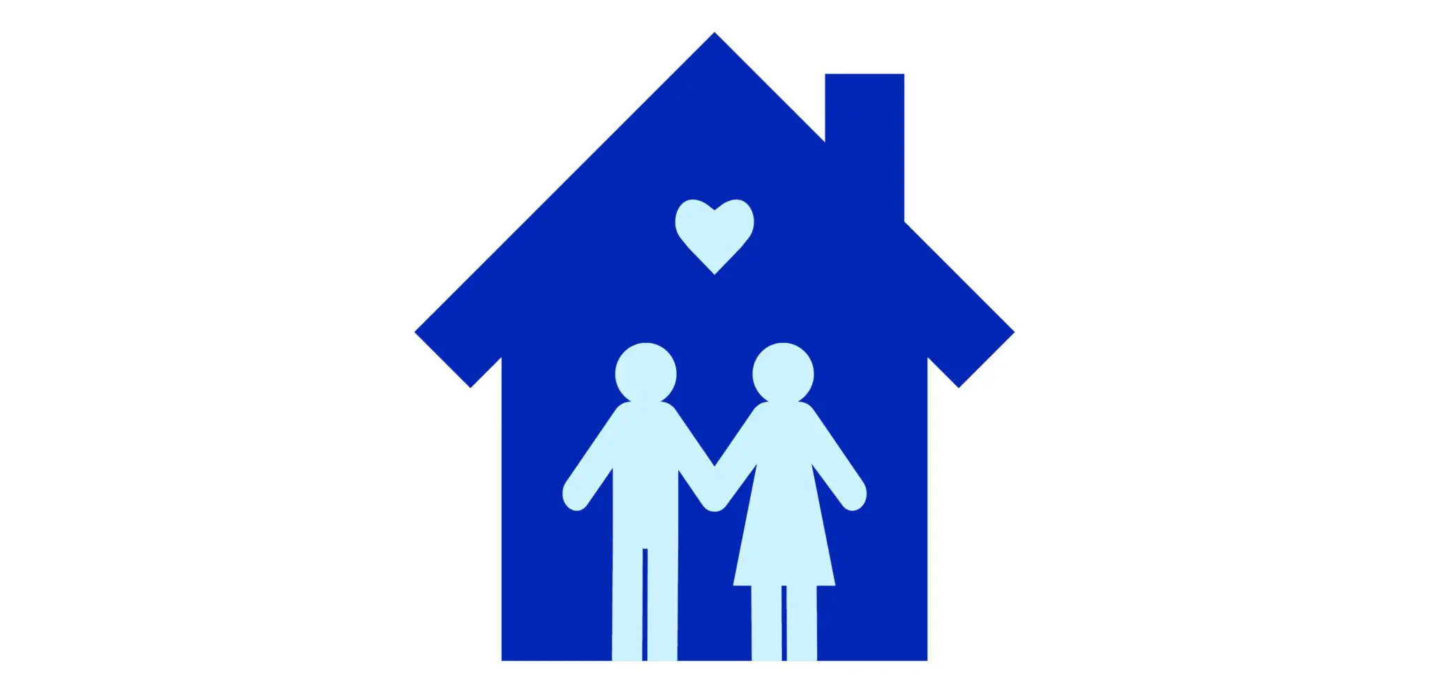 Illustration with a stick figure man and woman standing inside a house. There is a heart above their heads.