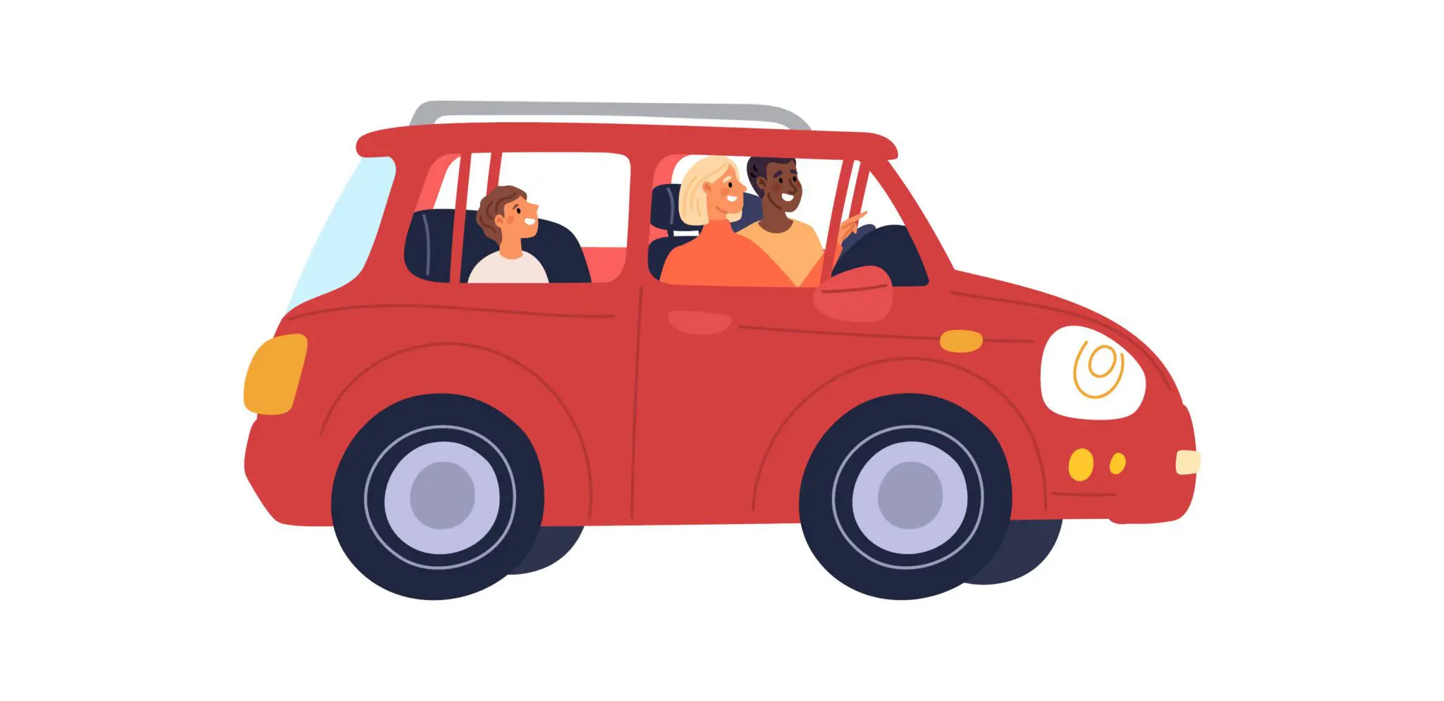 Illustration of a family driving together in a red car.