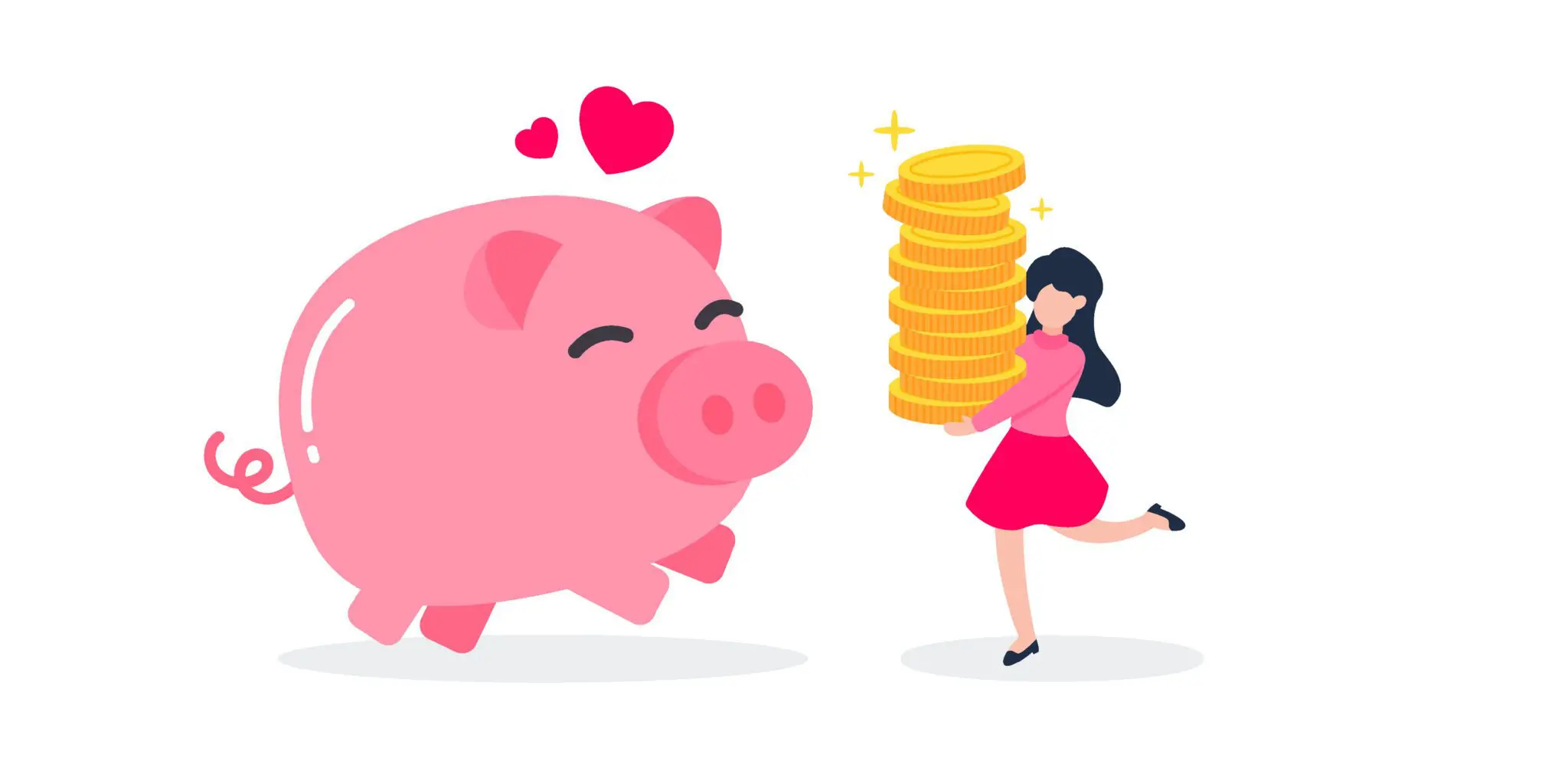 Illustration of a girl holding gold coins beside a large piggy bank.