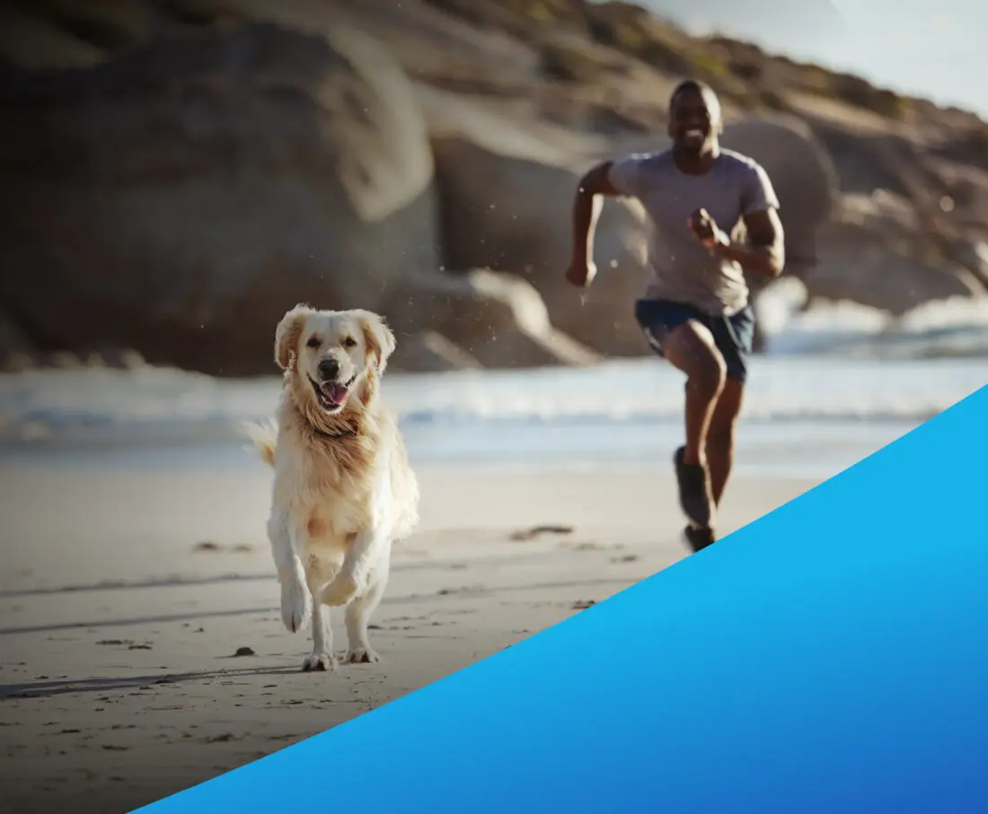 dog and owner running down the beach