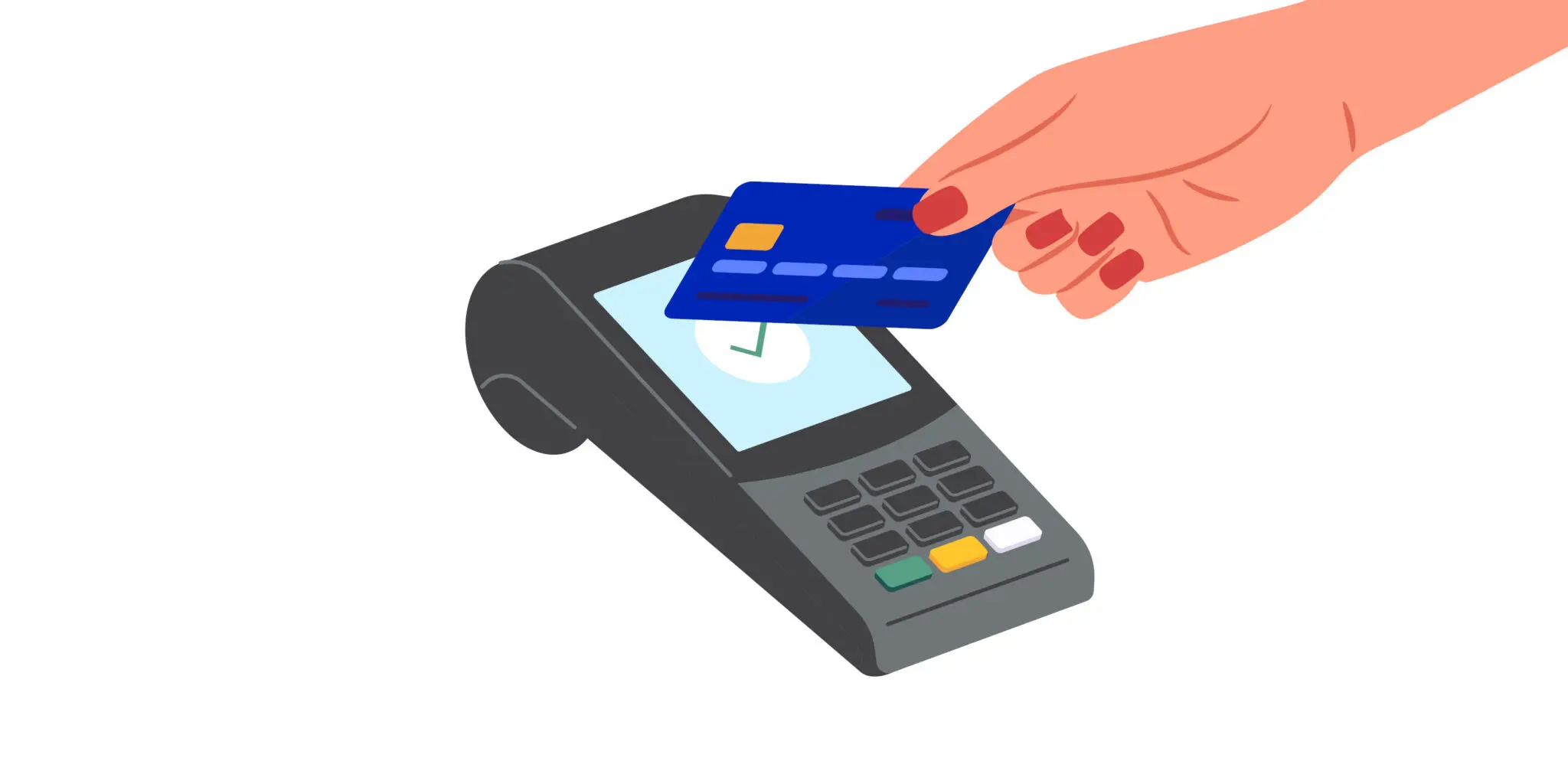Cartoon illustration of a hand tapping to pay with a debit card.