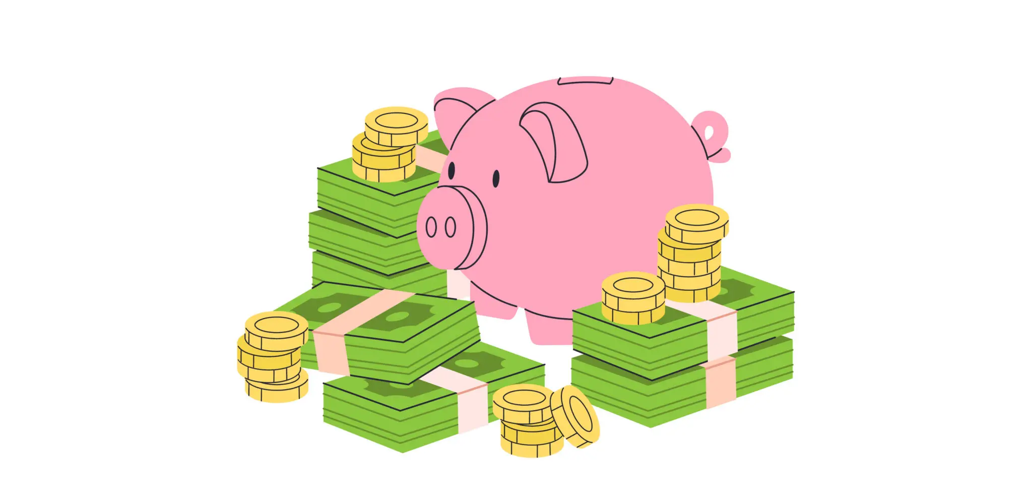 Cartoon illustration of a piggy bank surrounded by dollars and coins