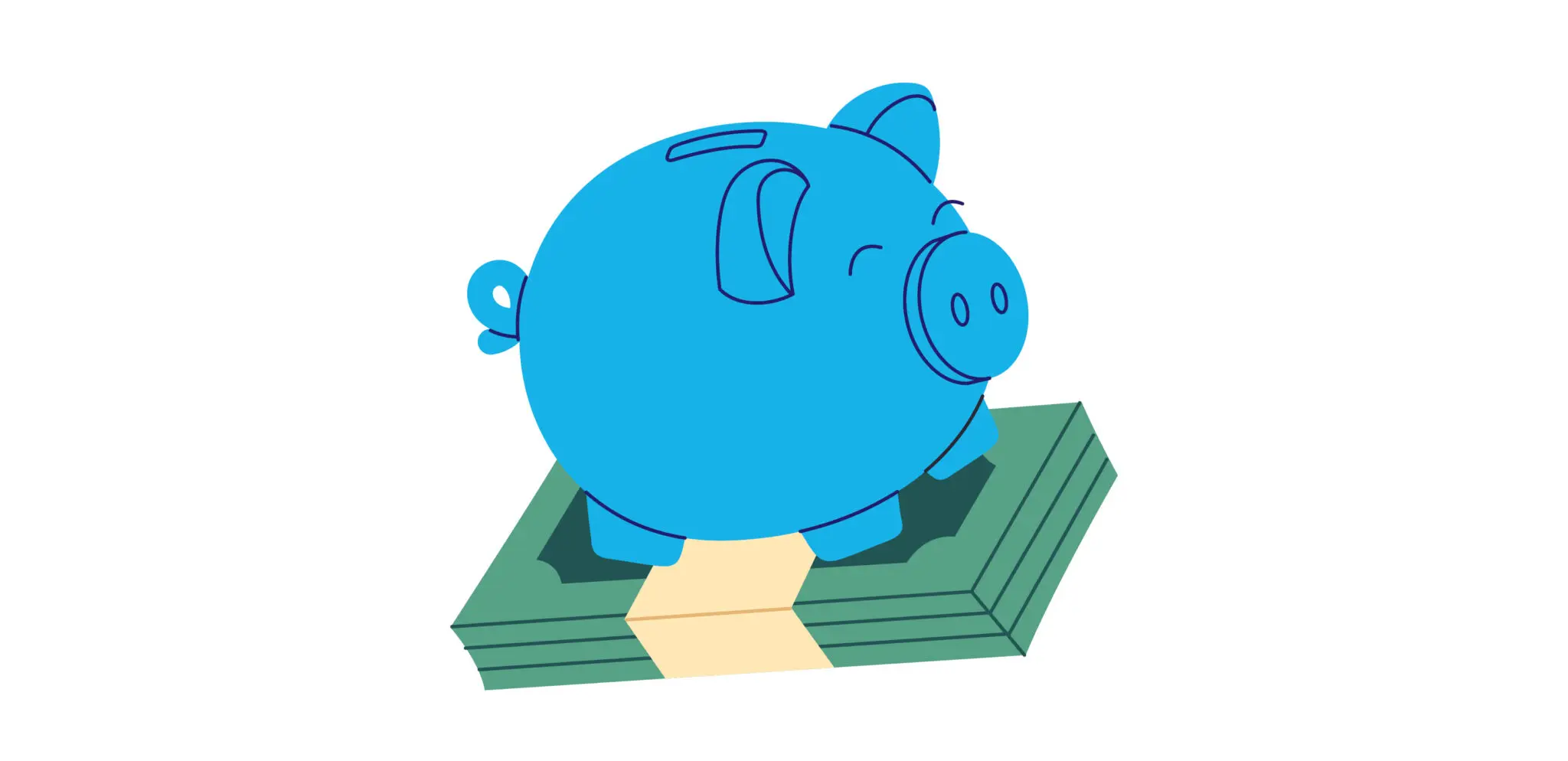 Cartoon illustration of a blue piggy bank riding on a flying stack of dollar bills.