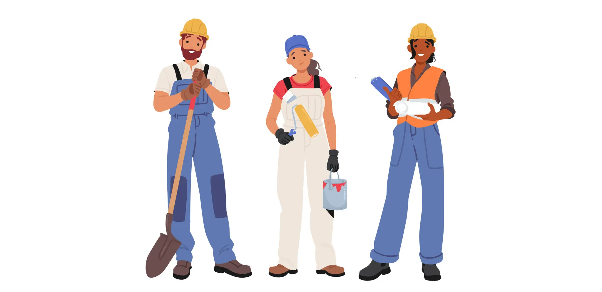 Illustration of three workers. One is holding a shovel, one has a can of paint with a roller brush, and the third is holding blueprints and a clipboard.