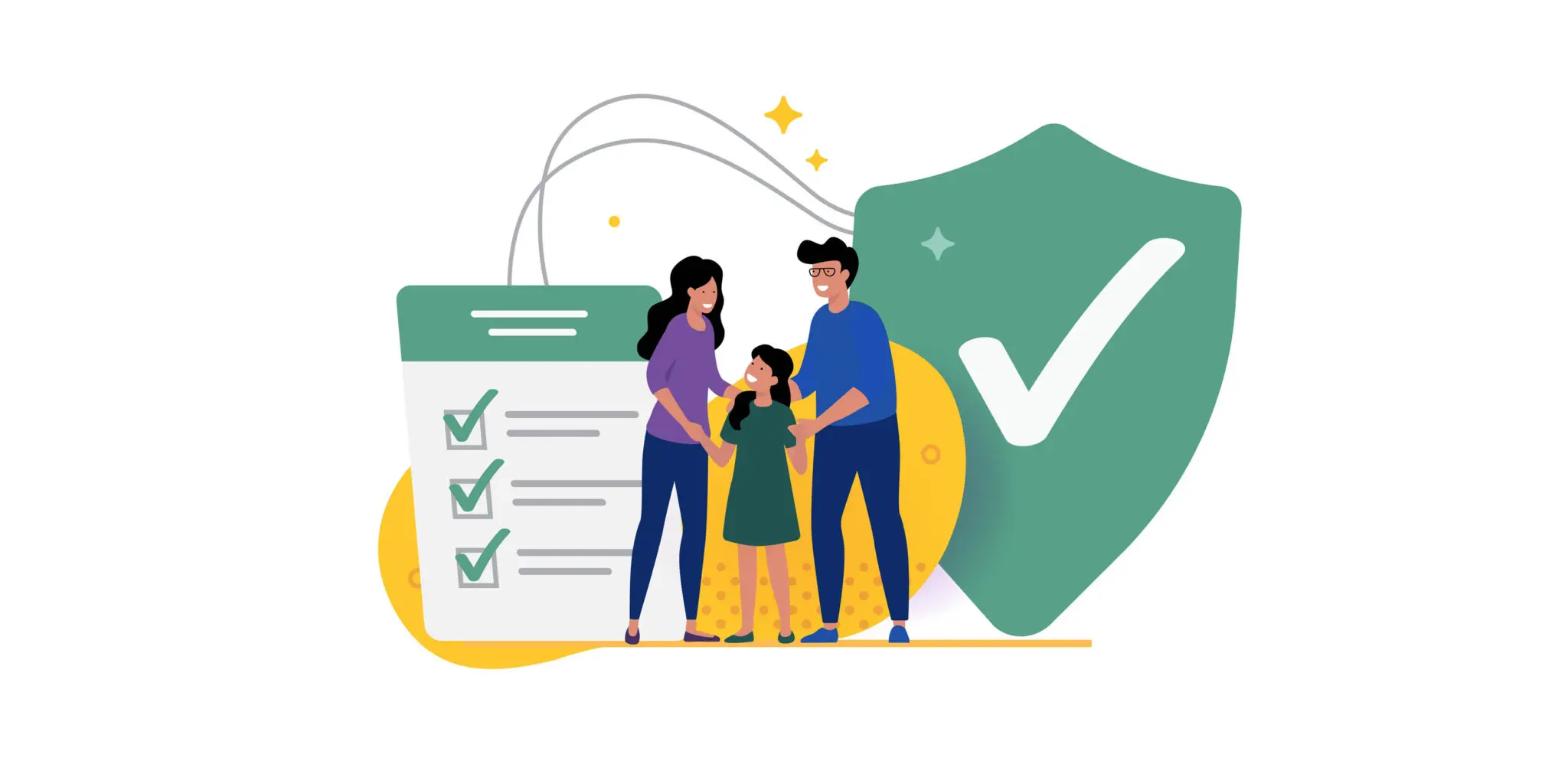 Decorative image of a family smiling in front of a graphic of an insurance policy. In the background there is a shield with a check mark on it.