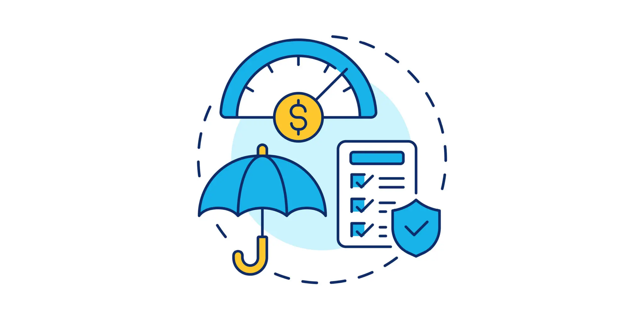 Illustration of an insurance policy alongside an umbrella and meter with a dollar sign on it.