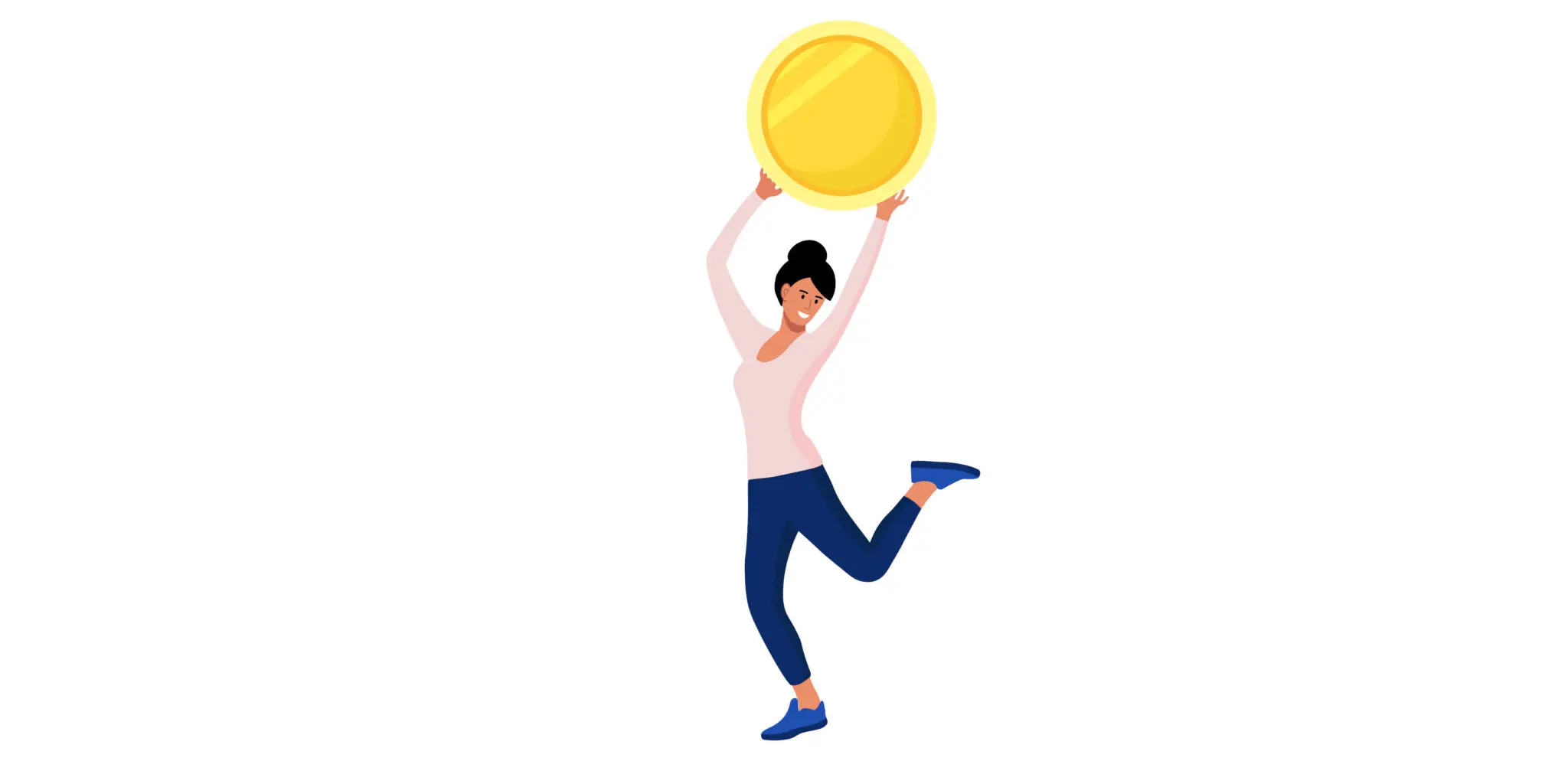 Cartoon of a woman holding up a giant gold coin.