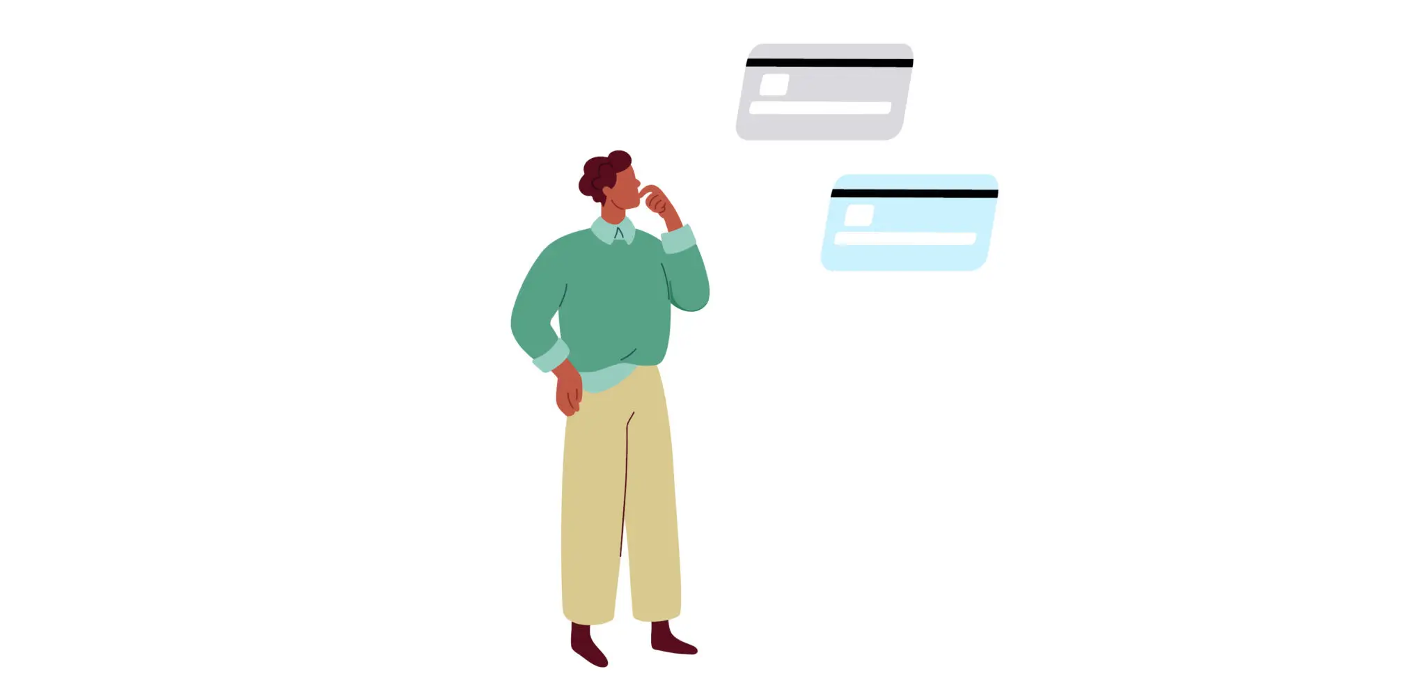 Illustration of a man choosing between two credit cards.