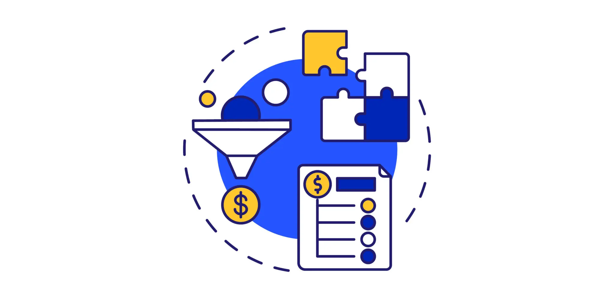 Illustration of debt being consolidated. In the image, there is a funnel with three bubbles going in the top. Only one bubble - with a dollar sign on it - is coming out of the funnel, representing debt consolidation. The image also features a jigsaw puzzle and an illustration of a bill.