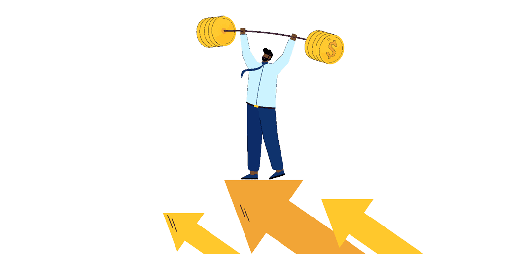 Cartoon image of a man holding a dumbbell with coins for weights. He is standing on top of arrows pointing upwards. Image represents the article, 4 Easy Ways to Make Your Money Work for You