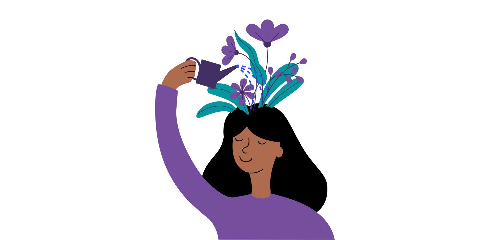 Illustration of a woman watering flowers sprouting from her head.