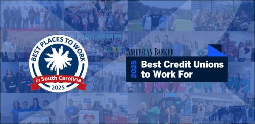 Collage of photos of Spero Financial employees with a blue overlay. Two logos are on top of the graphic: Best Places To Work In South Carolina 2025 and American Banker Best Credit Unions To Work For