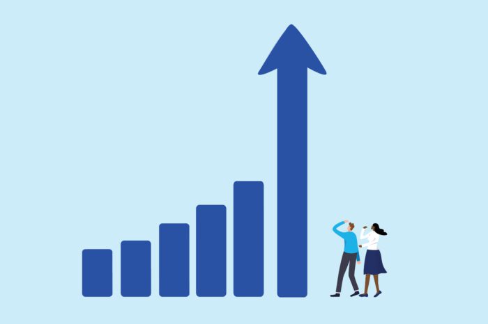 Cartoon illustration of a man and woman looking at a large investment chart.